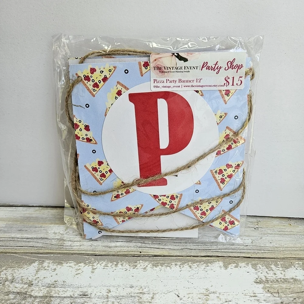 Pizza Party Banner Decoration, Light Blue, Red and White, Slumber Party